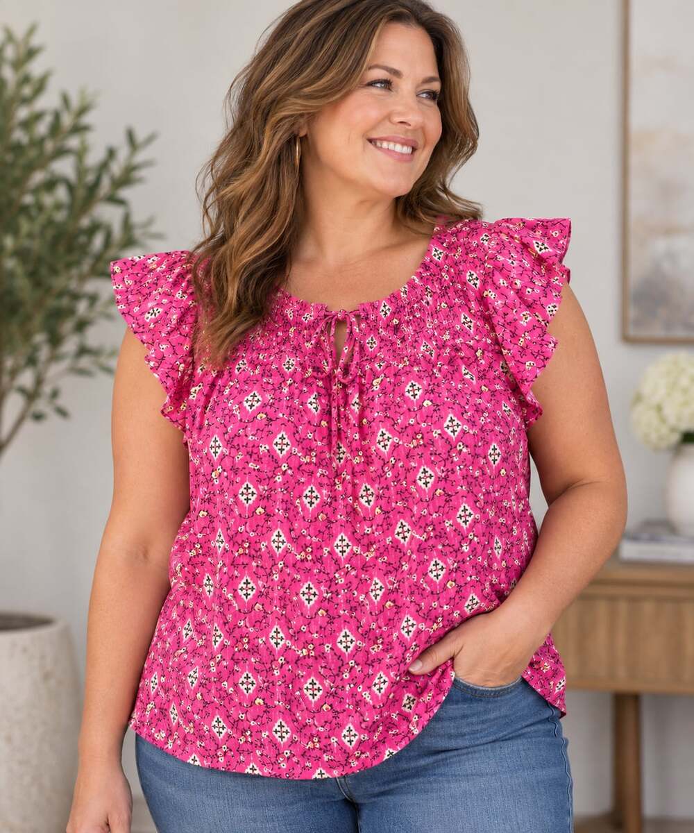 Lane Bryant Plus Size Floral Print Flutter Sleeve Tie Neck Top Size 26